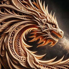 A beautiful wood carving of a dragon elaborated into amazing wood details, expression