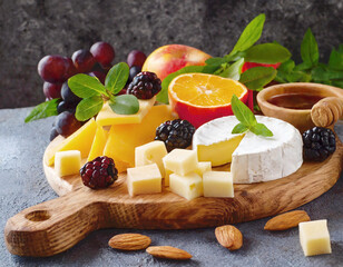 A wooden board with cheese and fruit.