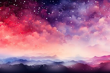 Fototapeta premium Beautiful fairytale and magical backgrounds with sky and mountains in magenta colors, beautiful starry sky with glow.