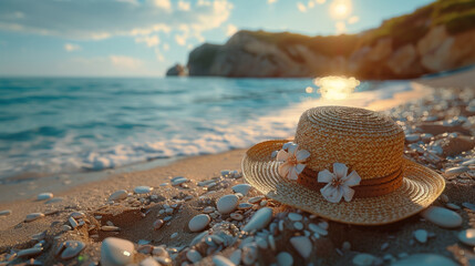 Straw hat, towel, sun glasses and flip flops on beach.