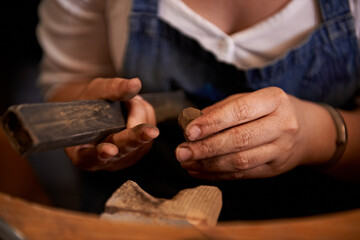 Obraz na płótnie Canvas Woodworking, industry and hands of woman in workshop for creative project or sculpture. Artisan, industrial and closeup of female carpenter manufacturing products in studio for small business.