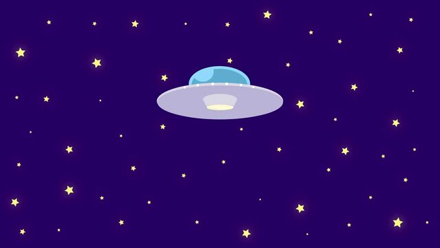 Cartoon UFO Soaring Across the Celestial Sky. Mesmerizing purple hues and twinkling stars, the unidentified flying object emerges from the distant horizon. Sci fi enthusiasts, UFO lovers, kids card