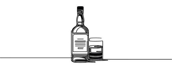Continuous one line drawing. Bottle and glass of whiskey with ice. Vector illustration