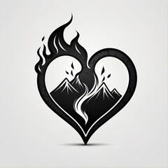Naklejka premium Black heart with fire and mountains on a white background. Vector illustration.