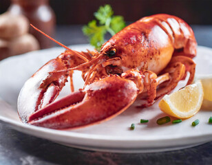 Steamed Atlantic lobster (Homarus americanus) on a white platter. - 753235350