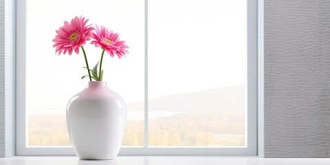 Contemporary white living space featuring pink daisy vase.