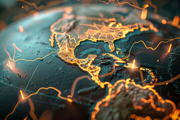 A map or a globe with lightning bolts highlighting a location or a route