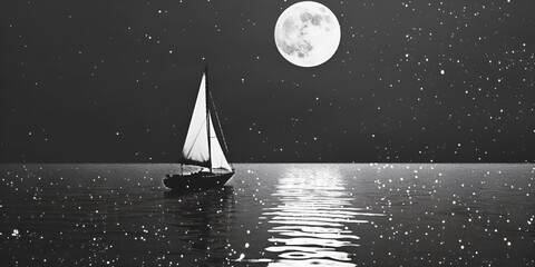 Sailing boat on the sea at full moon night. Minimalist sailing background of a sailboat reflecting on the still water. - obrazy, fototapety, plakaty