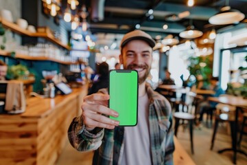 A cheerful person offers a mobile phone with a green screen to the camera, perfect for mock-up visualizations