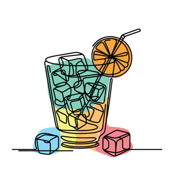 recommend clip art: Continuous one line drawing of a cocktail drink. cocktail with a slice of lime. vector color illustration.