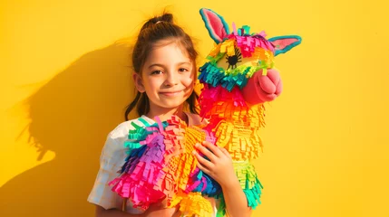 Poster Young Mexican girl holding colorful llama toy on sunny background, Cinco de Mayo holiday concept, copy space. © Maria Shchipakina