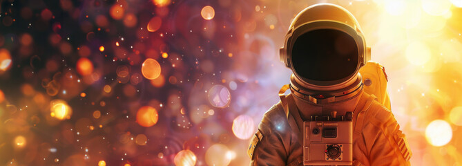 Astronaut in a spacesuit, colorful bokeh galaxy on the background, Illuminated by sunlight orange light. Banner with copy space - obrazy, fototapety, plakaty