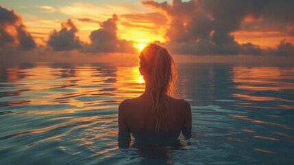 Young woman in swimming pool at beautiful sunset. Luxury lifestyle.
