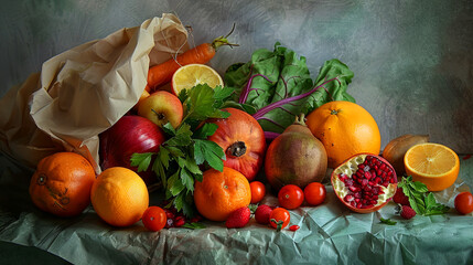 fresh fruit and vegetables on a grocery bag lined with papers - 753236760