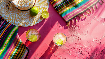 Festive Cinco de Mayo flat lay background with Mexican hat, colorful poncho fabric, margaritas drinks on sunny pink table top. Top view, copy space