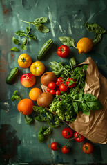 fresh fruit and vegetables on a grocery bag lined with papers - 753236789