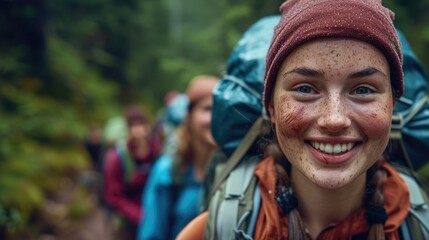 A happy woman wearing backpack and water on her face, smiling with cool water drops on her nose, eyebrows, eyelashes, and jaw, enjoying her travel adventure with stylish eyewear. AIG41