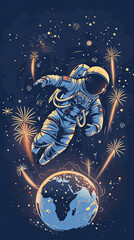 Astronaut flying in the space above the earth globe with fireworks exploding on the background. International Day of Human Space Flight postcard concept - obrazy, fototapety, plakaty