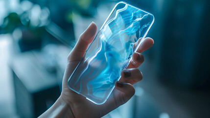 hand holding futuristic transparent smartphone, hight-tech technology innovation concept