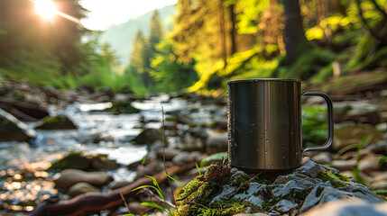 sunshine mountain river spruce tent photo metall mug - 753237108