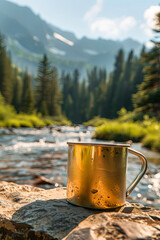 sunshine mountain river spruce tent photo metall mug - 753237121