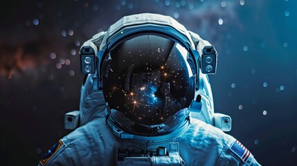 Portrait of an astronaut and space view mirroring on the helmet - obrazy, fototapety, plakaty