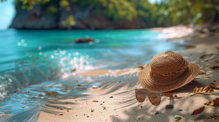 Straw hat, bag, sun glasses and flip flops on a tropical beach.