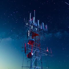 Telecommunications Tower Amidst Starry Skyline at Night - obrazy, fototapety, plakaty