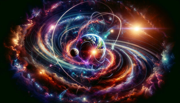 imagem foi gerada, integrando a grandiosidade de fen&ocirc;menos c&oacute;smicos com o conceito de multiverso em uma composi&ccedil;&atilde;o abstrata no formato 16:9.