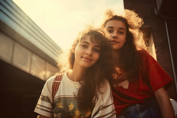 outdoor portrait of two young happy teen girls in 90's style, nostalgic photo in retro style