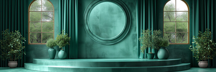 A podium, a stage for presentations and photo sessions. On either side are two vintage windows, pots of green tropical plants. Emerald and malachite color. Mockup for advertising.
