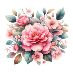 Spring pink bouquet; vignette; border with white flowers roses; camellia. Watercolor illustration isolated on transparent background.
