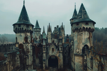 Fototapeta premium A gothic castle with towers, battlements and gargoyles
