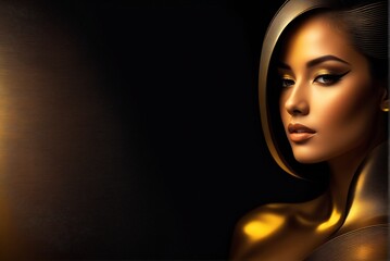 Fototapeta premium Woman epitomizes glamour in gold tones. Beautiful background enhances her allure.