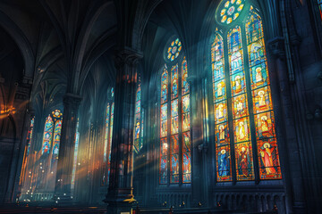 A gothic cathedral with stained glass windows and flying buttresses - obrazy, fototapety, plakaty
