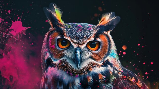 Winged creatures, cute animals owl fly in the sky. Painted with paint splash technique. Isolated black background. Also for T-shirt printing pattern. Generative AI