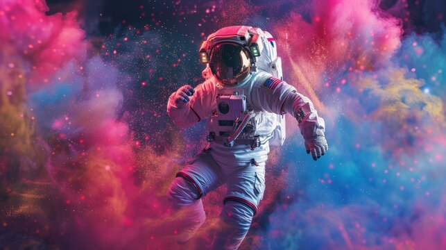 Happy rhythmically astronaut dancing surrounded by colorful powdered paint