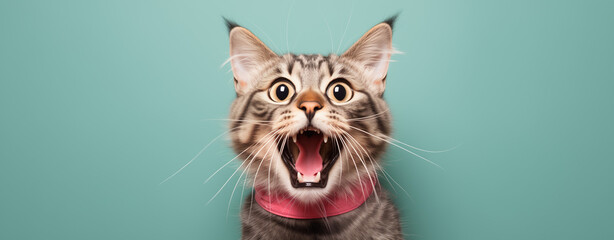  A cute cat wearing a pink collar with an open mouth and a shocked facial expression against a teal background. Generative AI