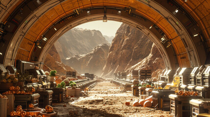 Storage warehouse. The colony on Mars. Autonomous life on Mars.