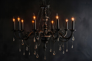 A gothic chandelier with candles, crystals and chains
