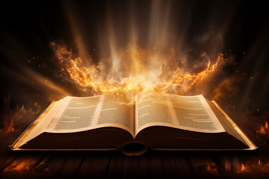 A bible with fire and flames on a dark background. Generative AI
