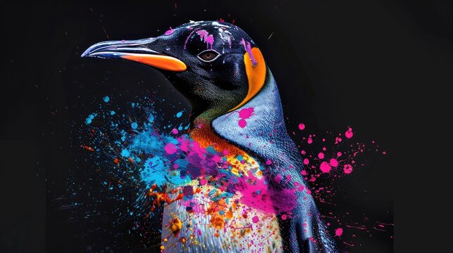 Winged creatures, cute animals penguine fly in the sky. Painted with paint splash technique. Isolated black background. Also for T-shirt printing pattern. Generative AI
