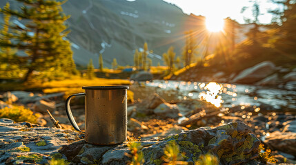 sunshine mountain river spruce tent photo metall mug - 753238353