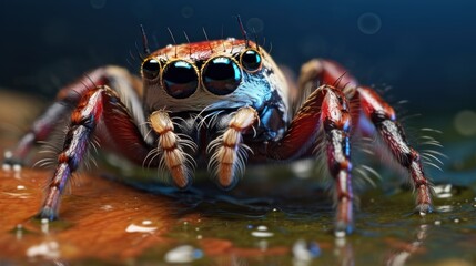 jumping spider close up on dark background. Wildlife Concept with Copy Space. 