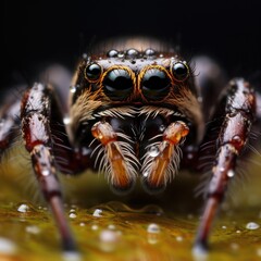jumping spider close up on the water drops in nature. macro. Wildlife Concept with Copy Space. 