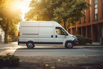 White cargo van in city street setting, perfect for delivery and transit