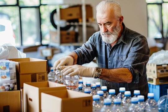 Mature Man Working as Volunteer at Community Center Arranging Donated Food and Water in Boxes