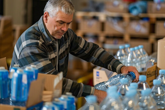 Mature Man Working as Volunteer at Community Center Arranging Donated Food and Water in Boxes