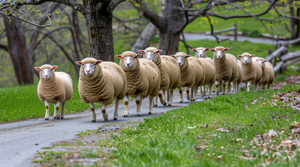 A flock of sheep walks in a single file along a road through a grassy field - obrazy, fototapety, plakaty