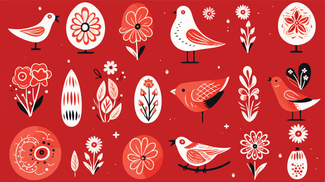 White Easter icons birds egg and flowers on red back